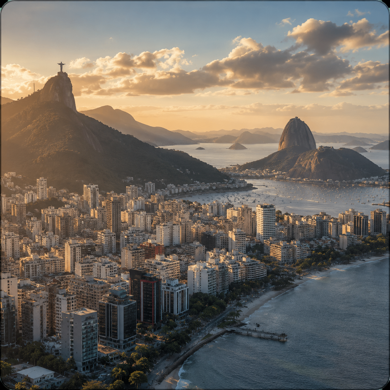Rio de Janeiro coastline and skyline at sunset