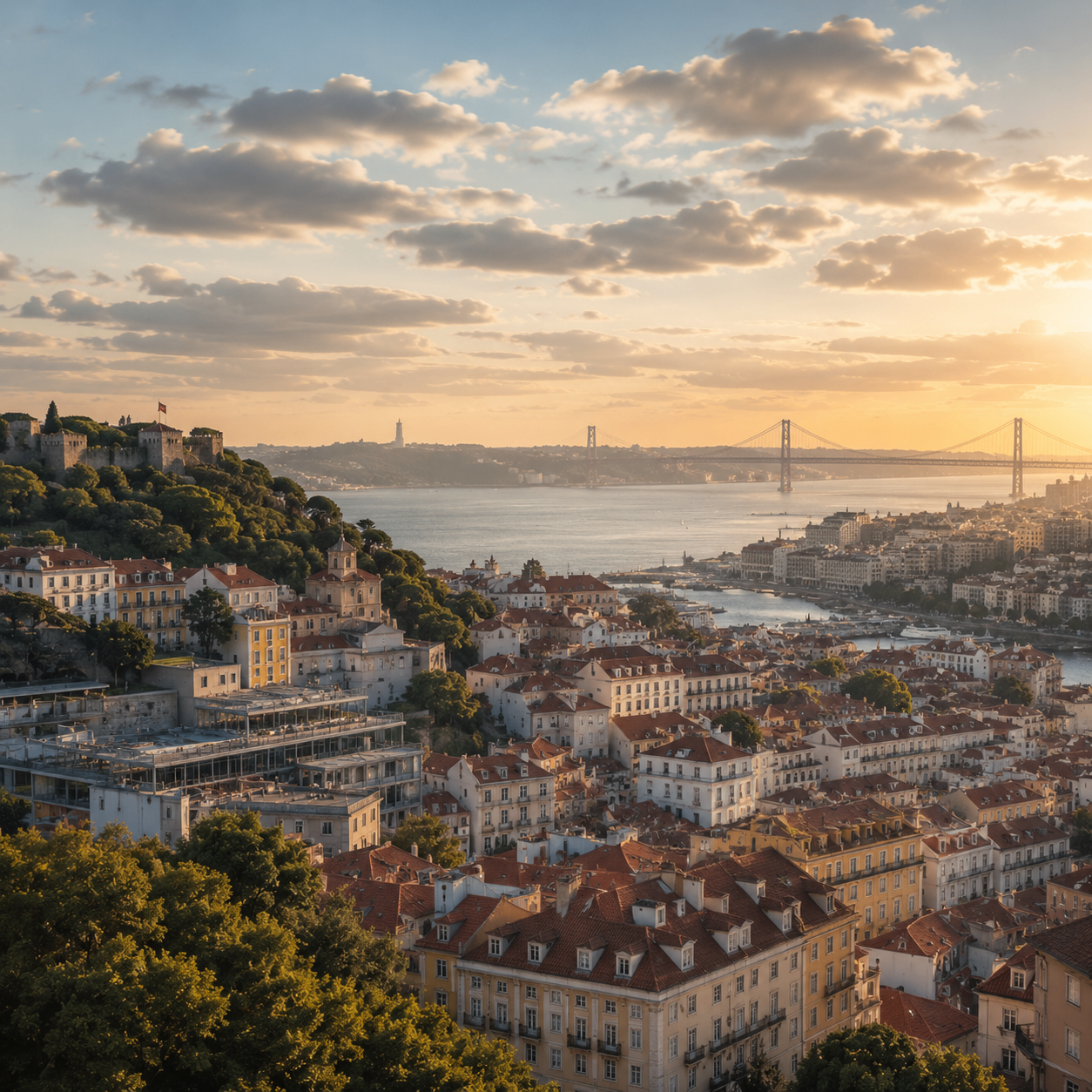 Lisbon waterfront and cityscape at golden hour