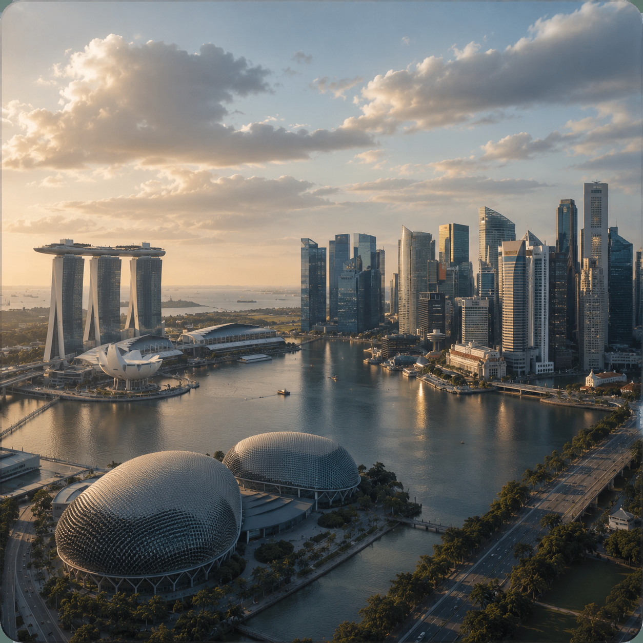 Singapore skyline and Marina Bay viewed from above