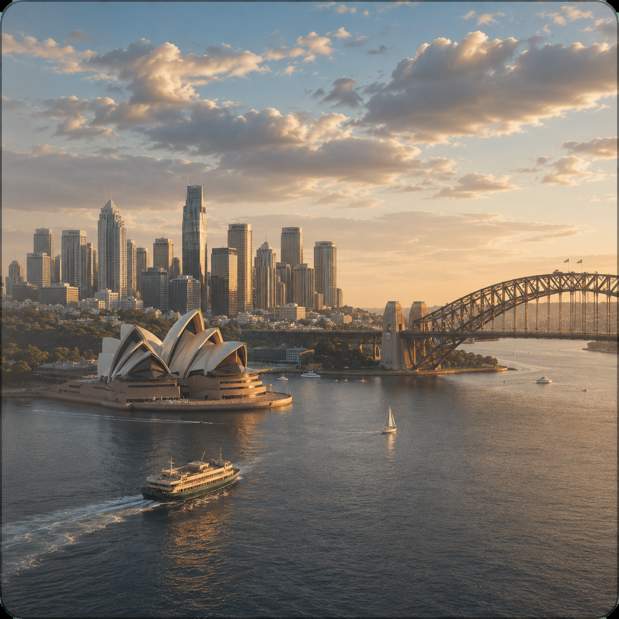Sydney Opera House and Harbour Bridge at sunset